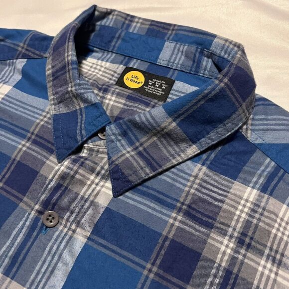 Life Is Good Men Long Sleeve Cotton Blue Button Up Plaid Flannel Shirt Sz Medium - Picture 1 of 10
